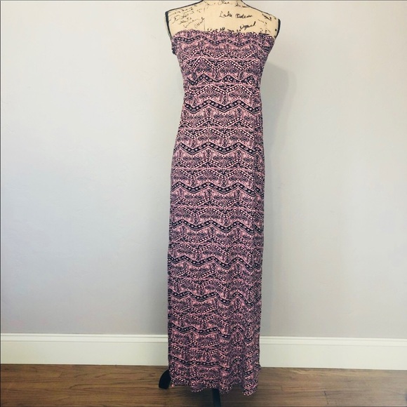 Tribal Print Pink And Black Strapless Maxi Dress - Picture 3 of 6